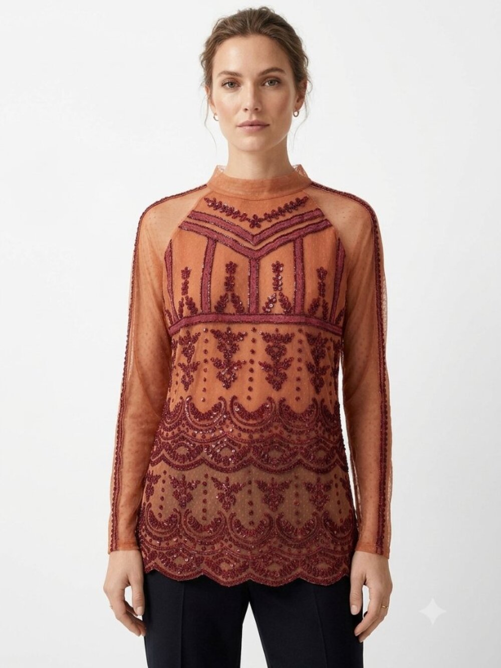 SUNDANCE JOURDAN BURGUNDY PEACH BEADED SEQUIN SHEER TOP - M